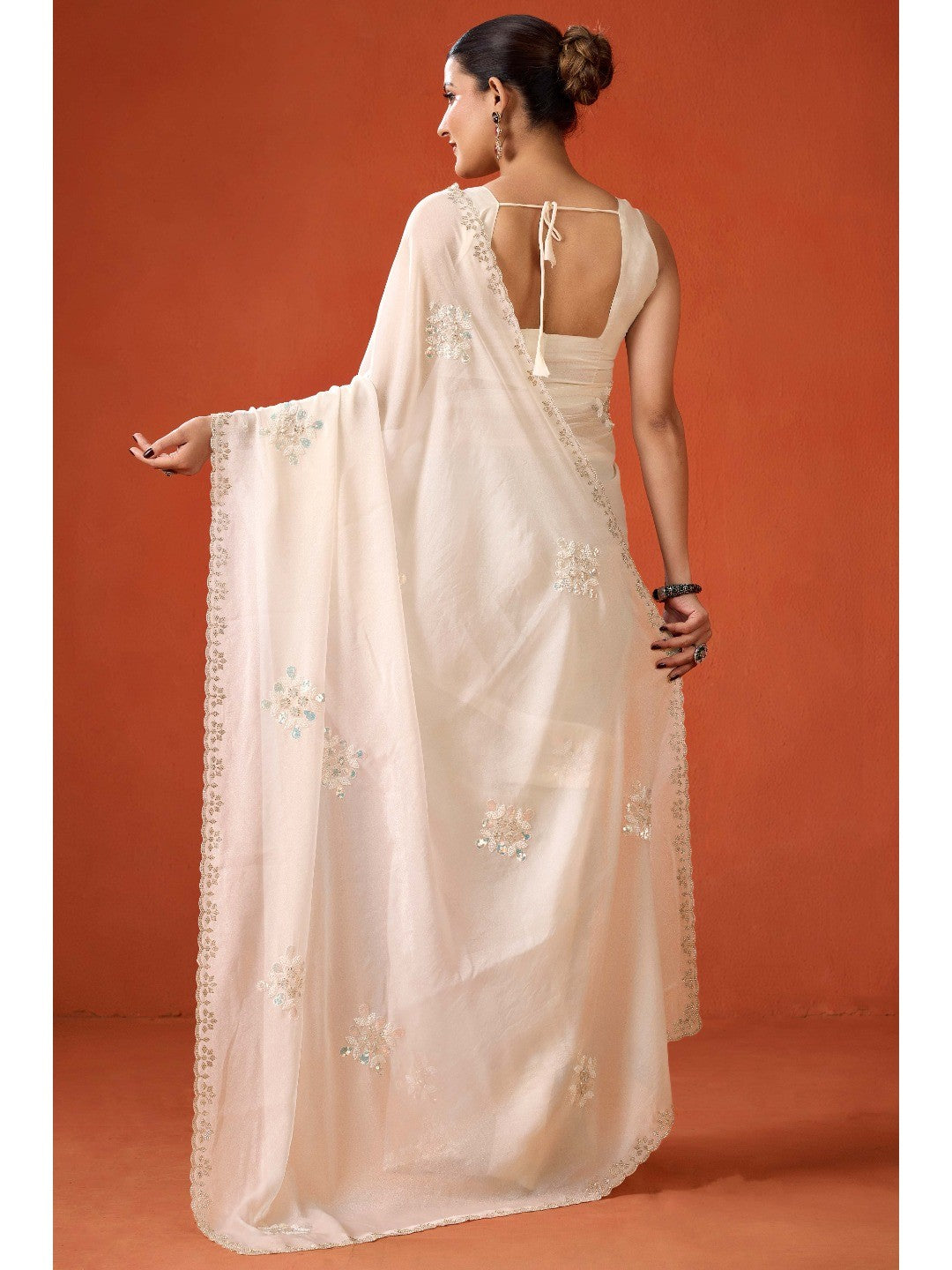 Graceful Offwhite Georgette Silk Saree Adorned with Floral Embellishments - Image 6