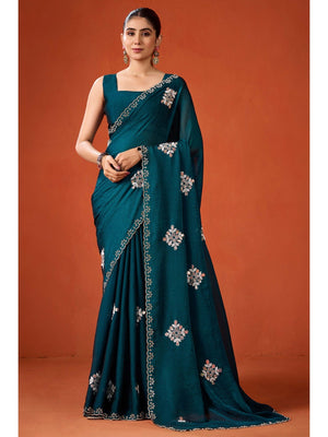 Graceful Teal Georgette Silk Saree Adorned with Floral Embellishments - Image 1