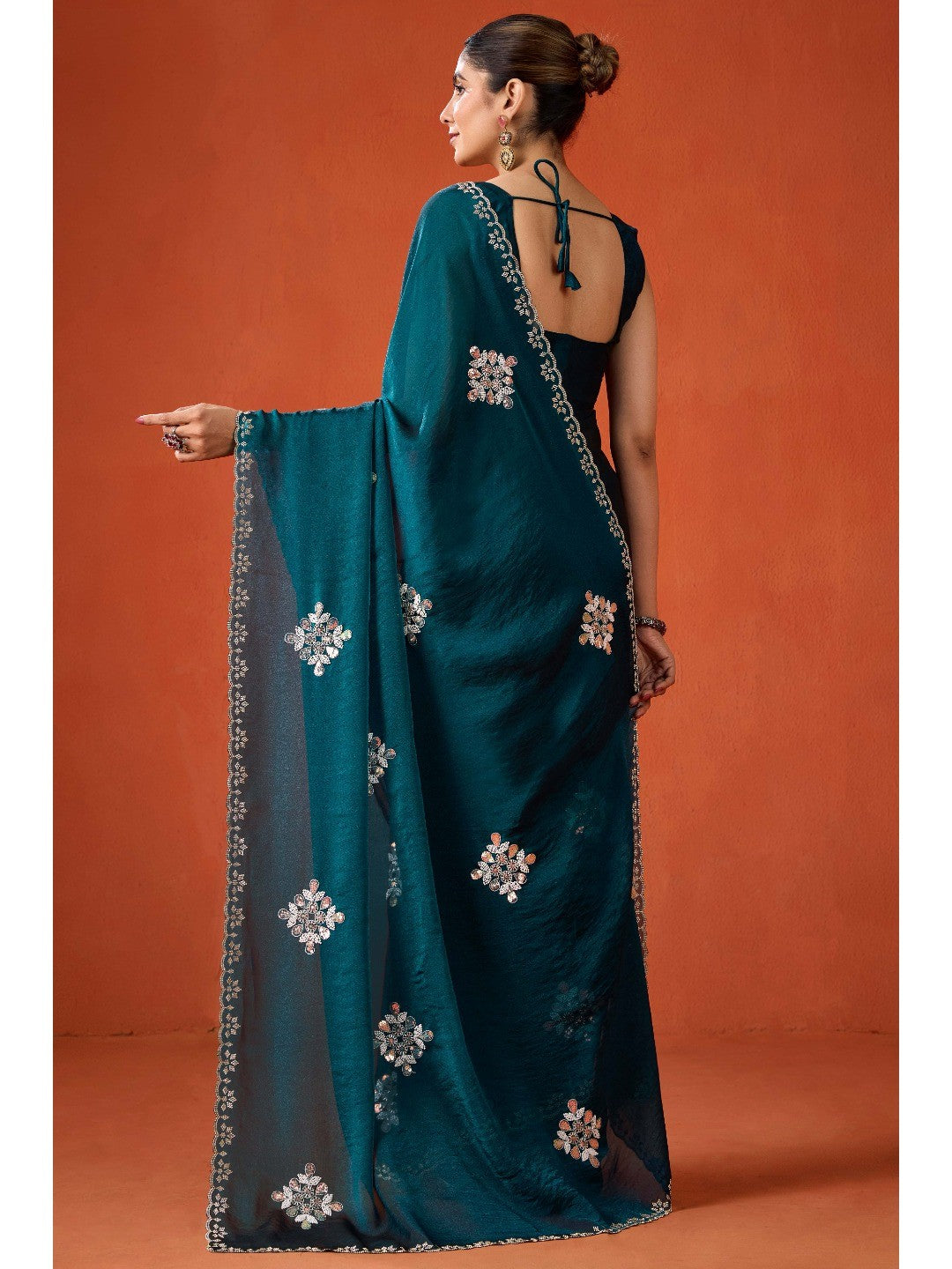 Graceful Teal Georgette Silk Saree Adorned with Floral Embellishments - Image 5
