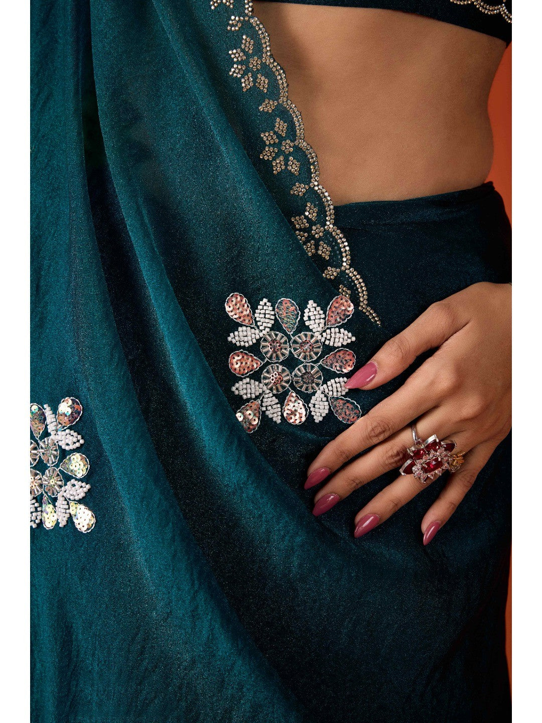 Graceful Teal Georgette Silk Saree Adorned with Floral Embellishments - Image 8