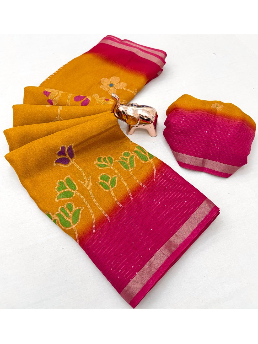 Mustard Floral Printed Georgette Saree with Pink Border - Image 2