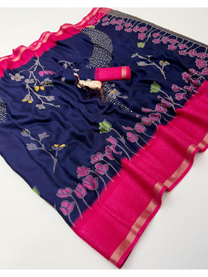 Navy Blue Floral Print Georgette Saree Featuring Lightweight Fabric and Beautiful Pink Border Detailing - Image 1