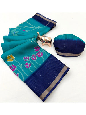 Turquoise Floral Print Georgette Saree Featuring Lightweight Fabric and Beautiful Blue Border Detailing - Image 2
