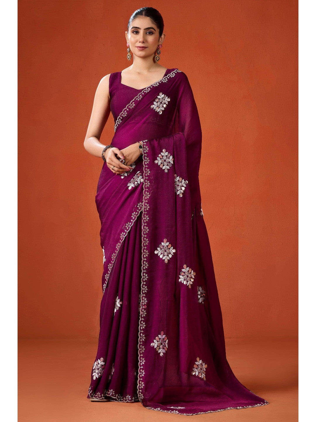 Graceful Purple Georgette Silk Saree Adorned with Floral Embellishments - Image 3