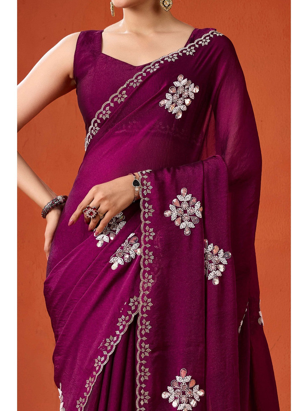 Graceful Purple Georgette Silk Saree Adorned with Floral Embellishments - Image 7
