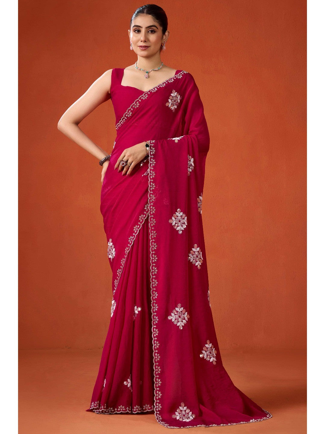 Graceful Magenta Georgette Silk Saree Adorned with Floral Embellishments - Image 1