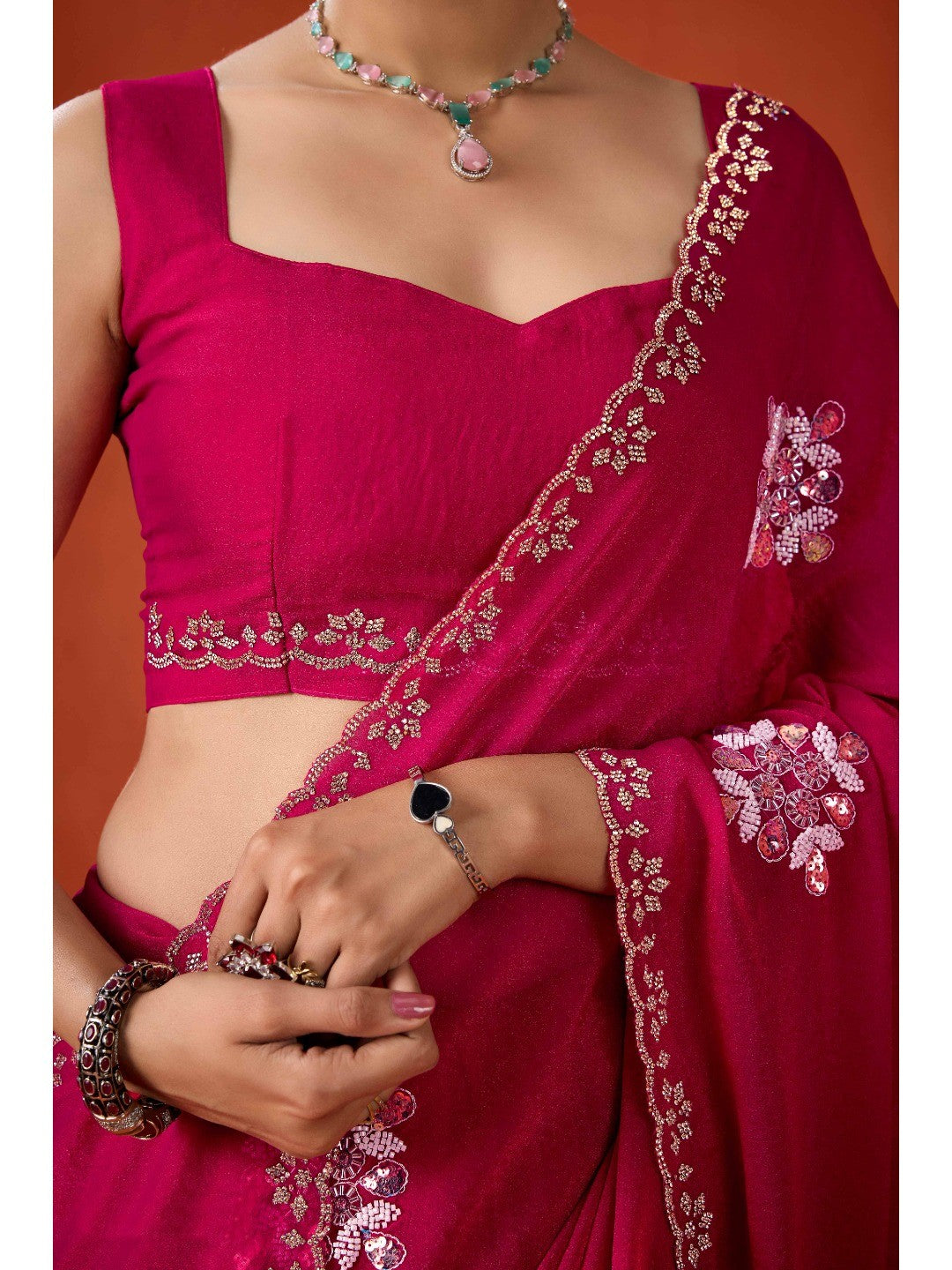 Graceful Magenta Georgette Silk Saree Adorned with Floral Embellishments - Image 2