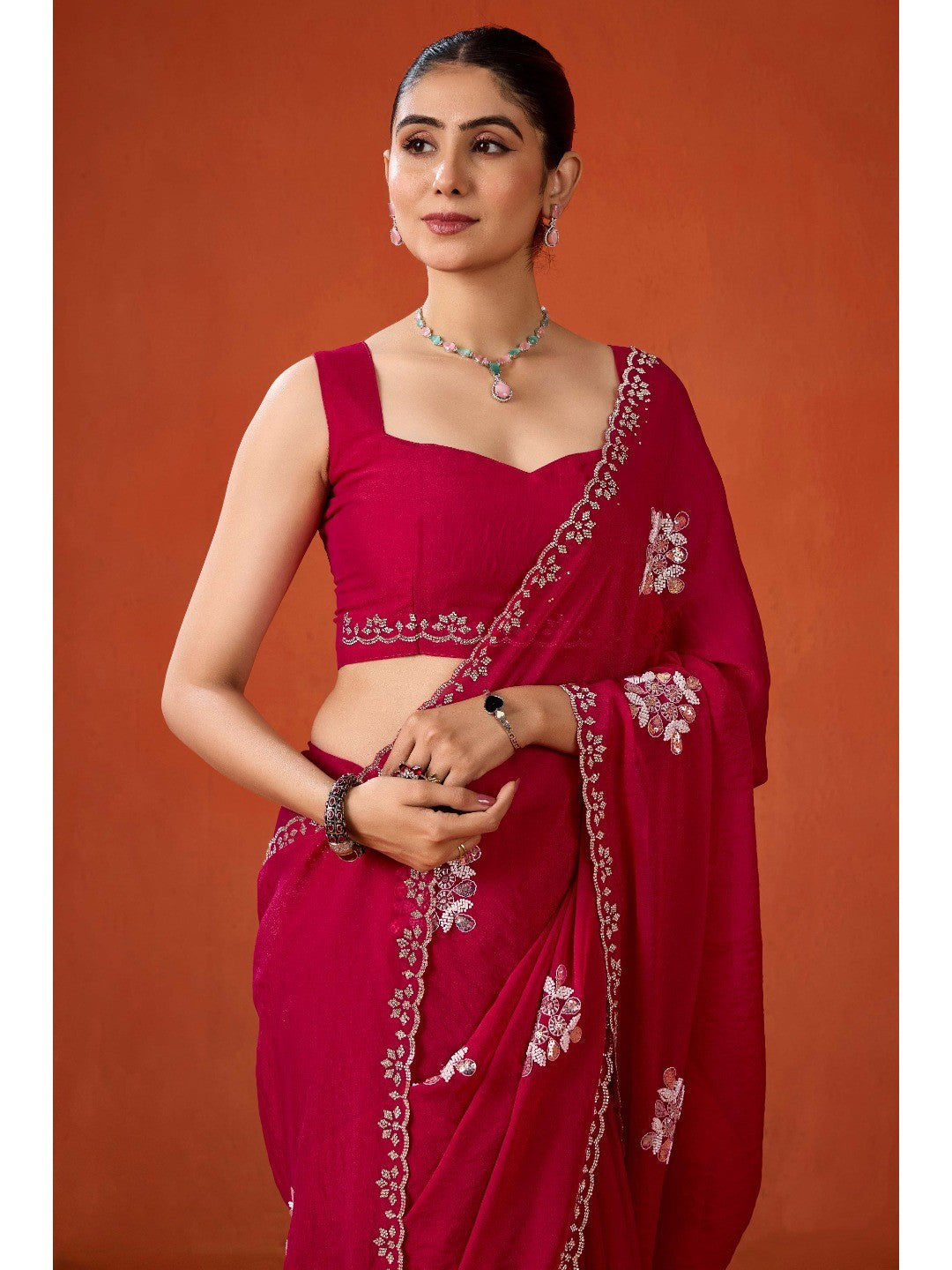 Graceful Magenta Georgette Silk Saree Adorned with Floral Embellishments - Image 7