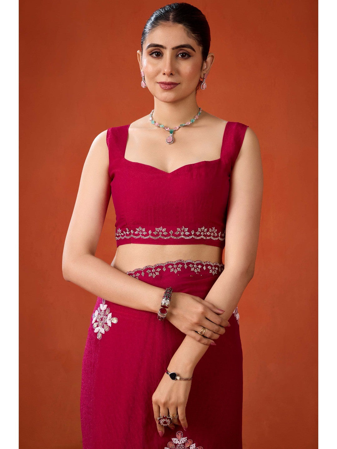 Graceful Magenta Georgette Silk Saree Adorned with Floral Embellishments - Image 8