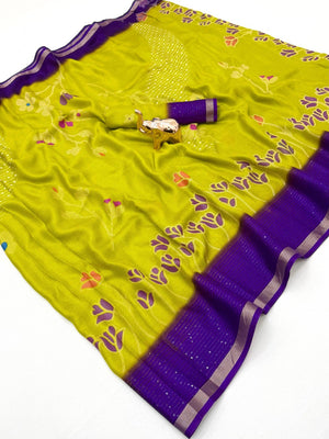 Yellow Floral Print Georgette Saree Featuring Lightweight Fabric and Beautiful Pink Border Detailing - Image 1