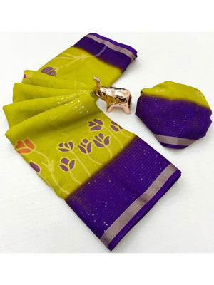 Yellow Floral Print Georgette Saree Featuring Lightweight Fabric and Beautiful Pink Border Detailing - Image 2