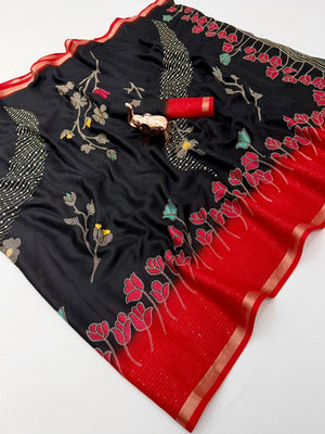 Black Floral Print Georgette Saree Featuring Lightweight Fabric and Beautiful Pink Border Detailing - Image 1