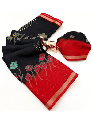 Black Floral Print Georgette Saree Featuring Lightweight Fabric and Beautiful Pink Border Detailing - Image 2