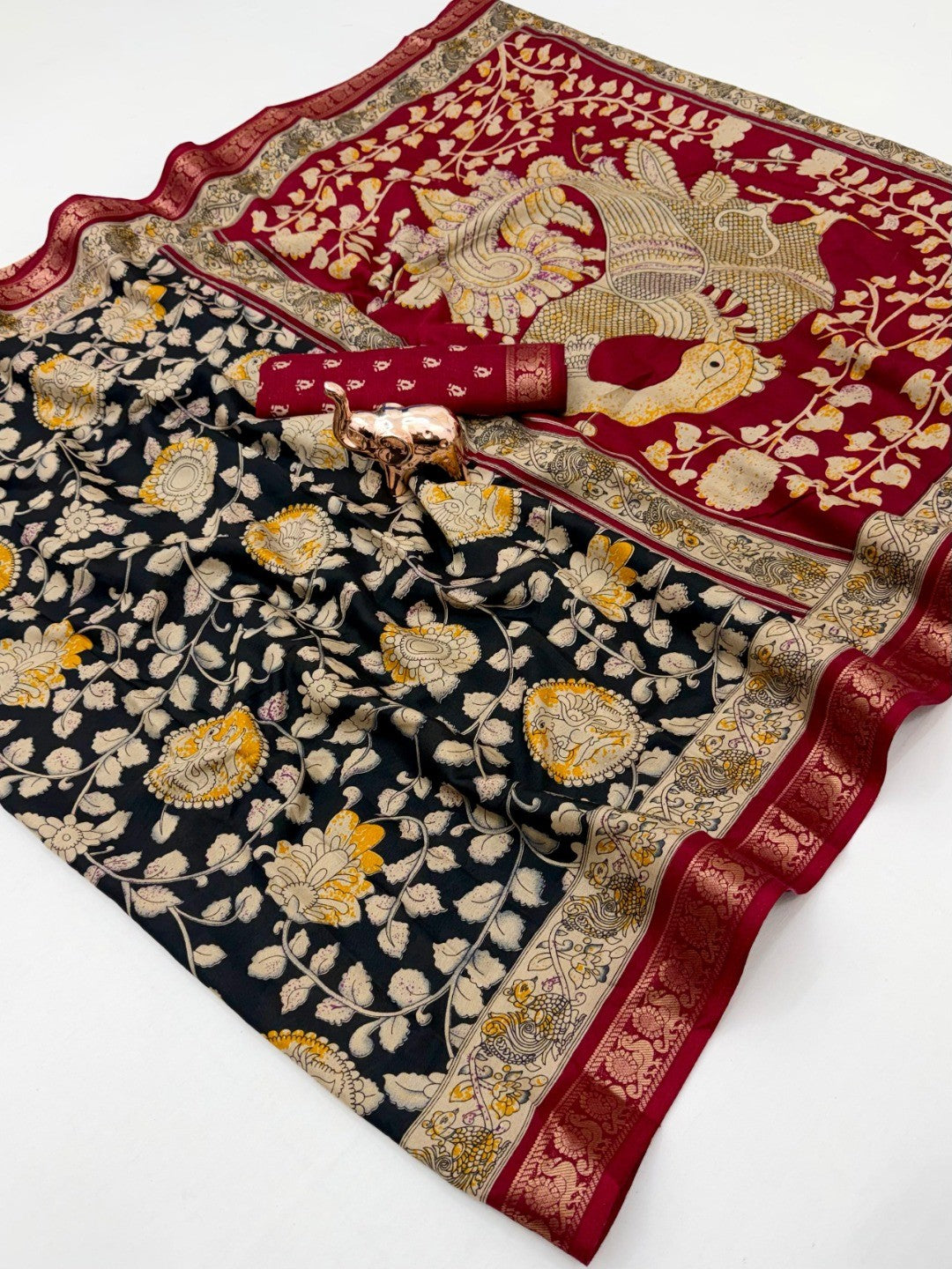 Black Floral Printed Mulmul Cotton Saree with Traditional Kalamkari Pallu and Rich Ethnic Finish - Image 1