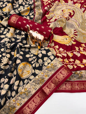 Black Floral Printed Mulmul Cotton Saree with Traditional Kalamkari Pallu and Rich Ethnic Finish - Image 2