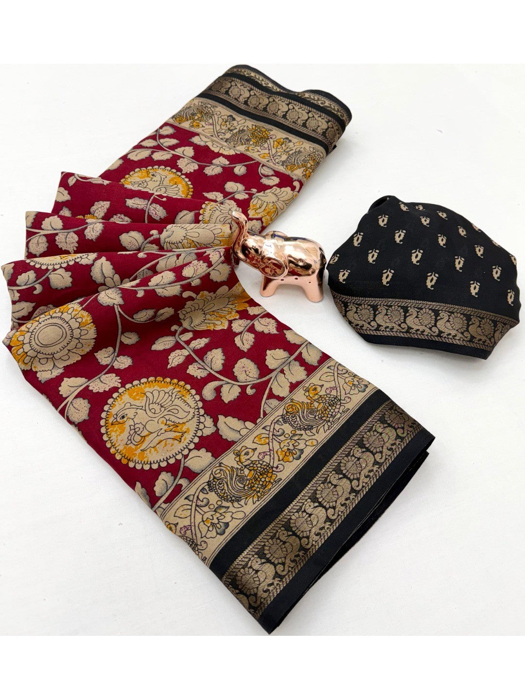 Maroon Floral Printed Mulmul Cotton Saree with Traditional Kalamkari Pallu and Rich Ethnic Finish - Image 3