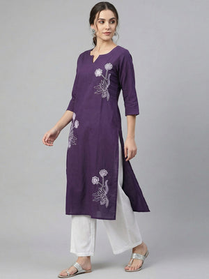 Elegant Purple Floral Embroidered Pure Cotton Straight Fit Kurti - Image 1