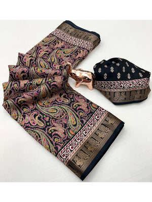 Black Paisley Printed Dola Silk Saree with Detailed Zari Border and Graceful Fluid Drape - Image 2