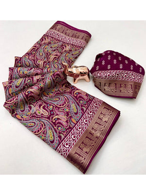 Wine Paisley Printed Dola Silk Saree with Detailed Zari Border and Graceful Fluid Drape - Image 2