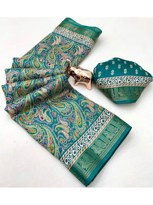 Rama Green Paisley Printed Dola Silk Saree with Detailed Zari Border and Graceful Fluid Drape - Image 2