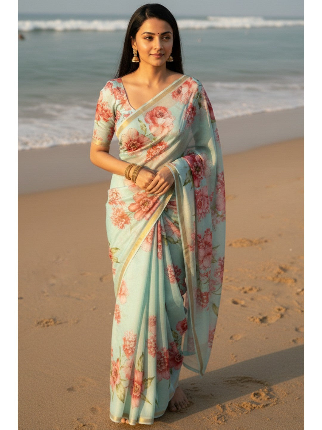 Charming Sea Green Floral Printed Chanderi Cotton Saree Highlighted By Intricate Zari Border Work - Image 1