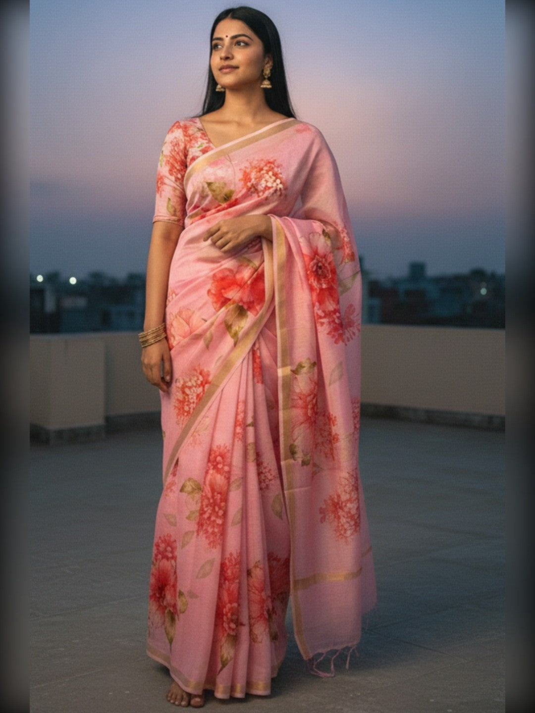 Charming Pink Floral Printed Chanderi Cotton Saree Highlighted By Intricate Zari Border Work - Image 1