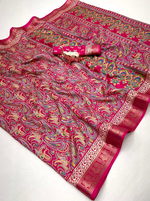 Pink Paisley Printed Dola Silk Saree with Detailed Zari Border and Graceful Fluid Drape - Image 1