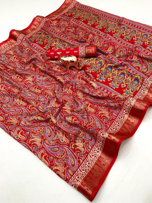 Red Paisley Printed Dola Silk Saree with Detailed Zari Border and Graceful Fluid Drape - Image 1