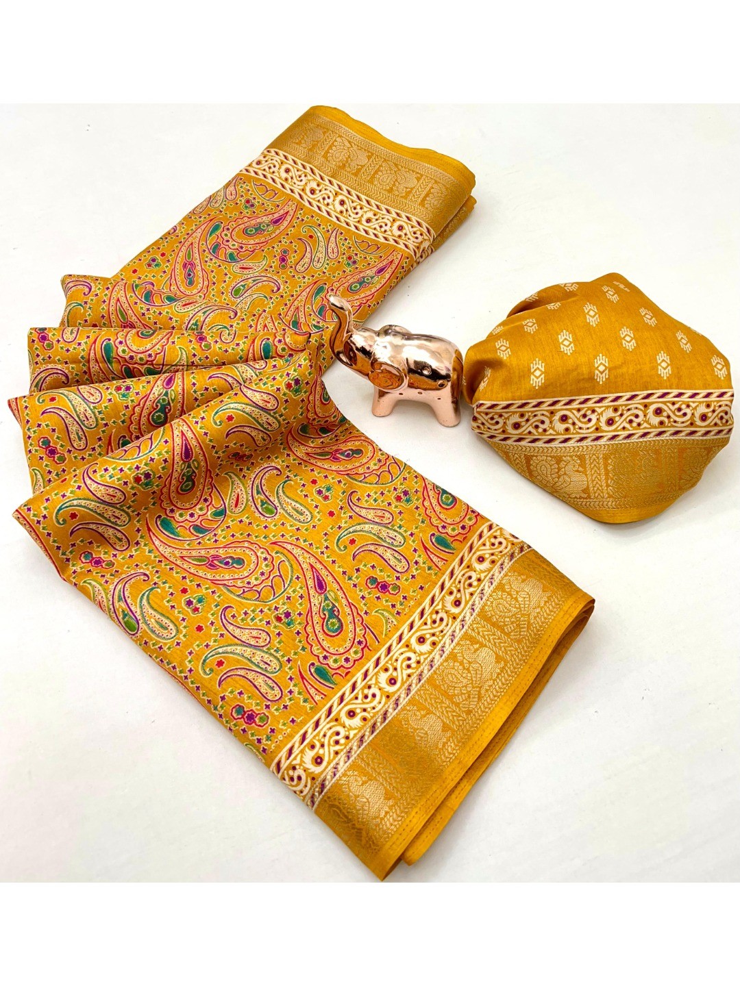 Mustard Paisley Printed Dola Silk Saree with Detailed Zari Border and Graceful Fluid Drape - Image 2