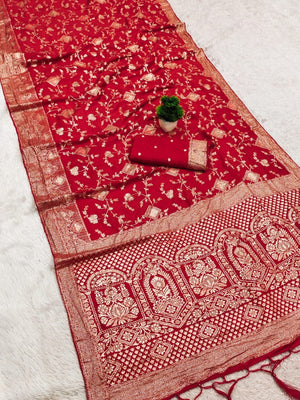 Luxurious Red Floral Weaving Dola Silk Saree With Handcrafted Tassel Pallu Finish - Image 2