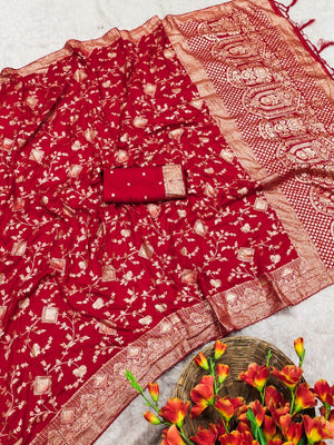 Luxurious Red Floral Weaving Dola Silk Saree With Handcrafted Tassel Pallu Finish - Image 2