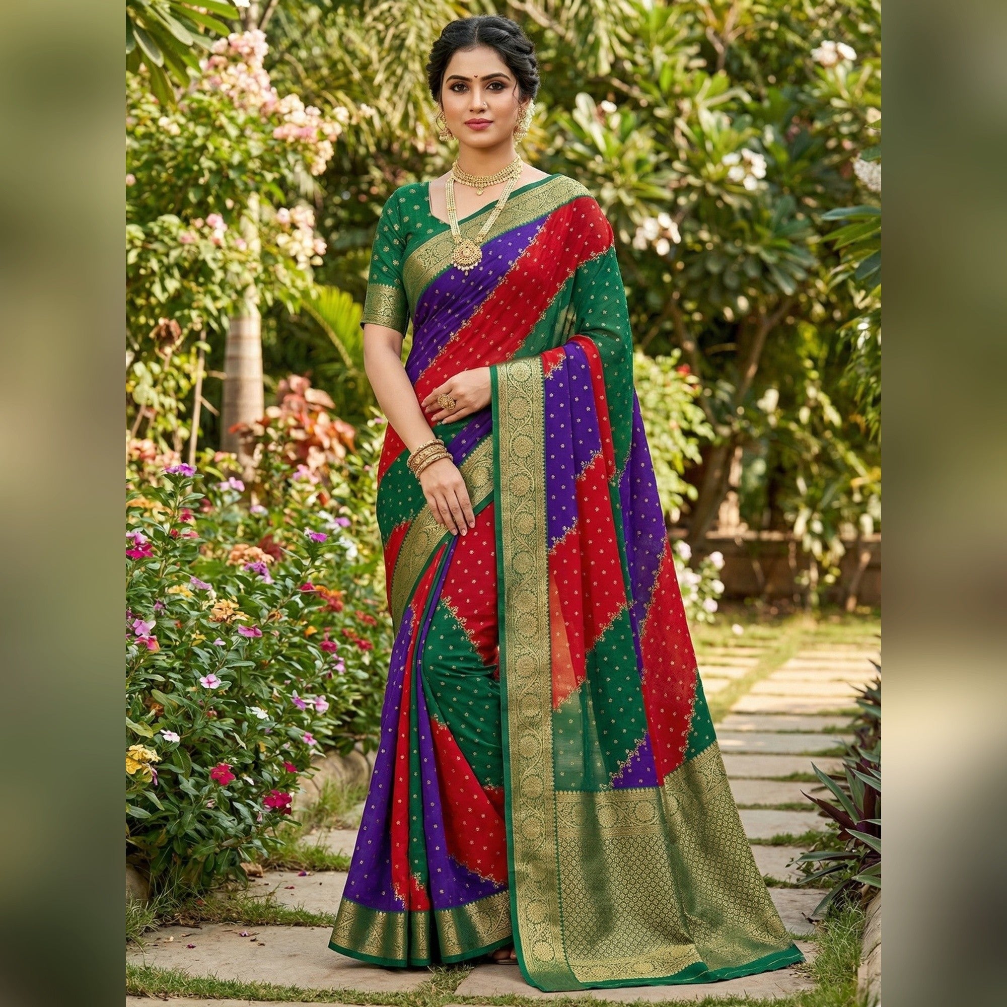 Graceful Multicolor Georgette Saree Accented with Zari Woven Border - Image 1