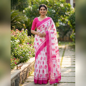 Pink Floral Printed Linen Saree with Blouse Piece - Image 1