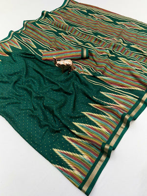 Festive Wear Green Geometric Printed Tussar Silk Saree with Artistic Pattern - Image 1