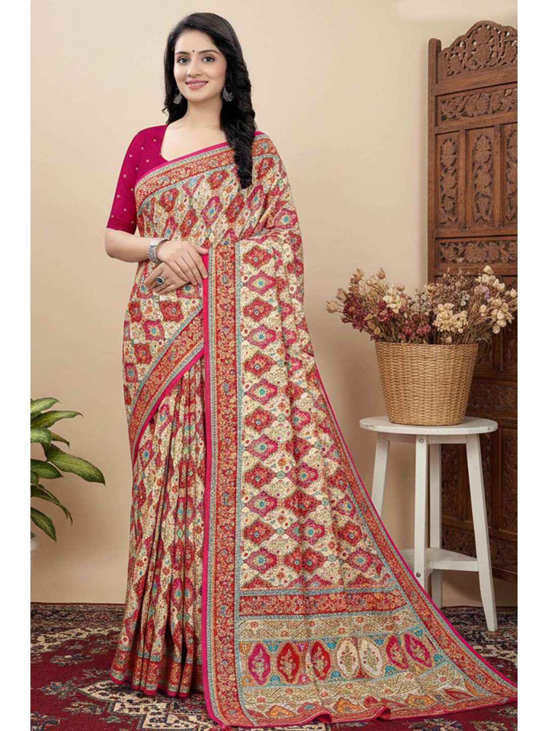 Classic Pink & Cream Pure Dola Viscose Saree Featuring Refined Position Printing - Image 1