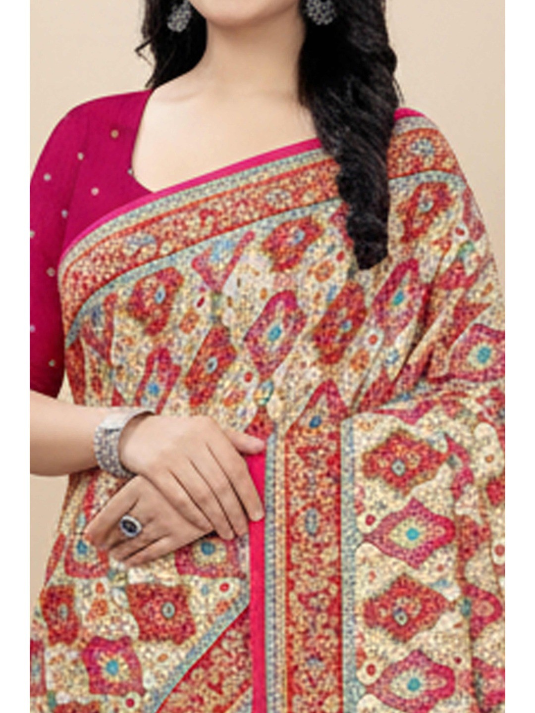 Classic Pink & Cream Pure Dola Viscose Saree Featuring Refined Position Printing - Image 2