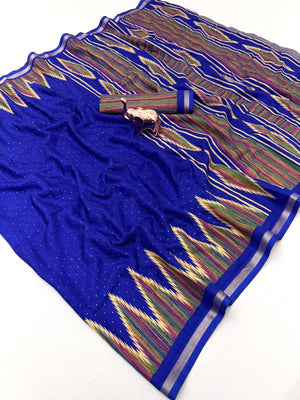 Festive Wear Royal Blue Geometric Printed Tussar Silk Saree with Artistic Pattern - Image 1