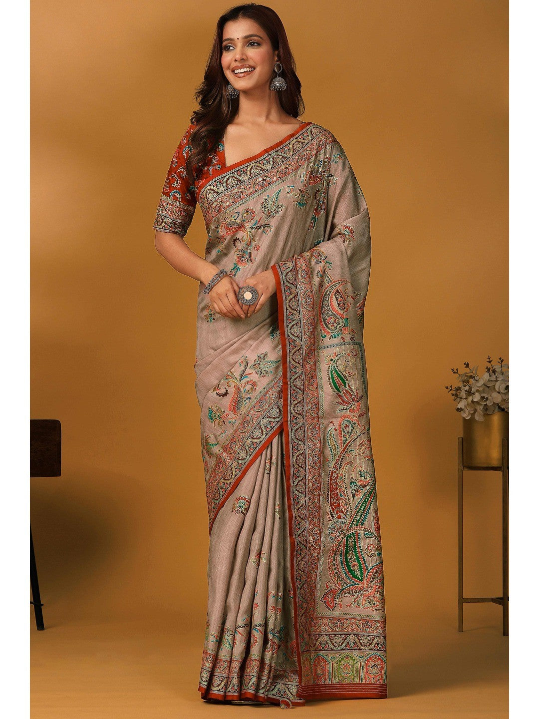 Refreshing Dove Taupe Floral & Paisley Position Printed Pure Viscose Dola Saree With Timeless Charm - Image 1