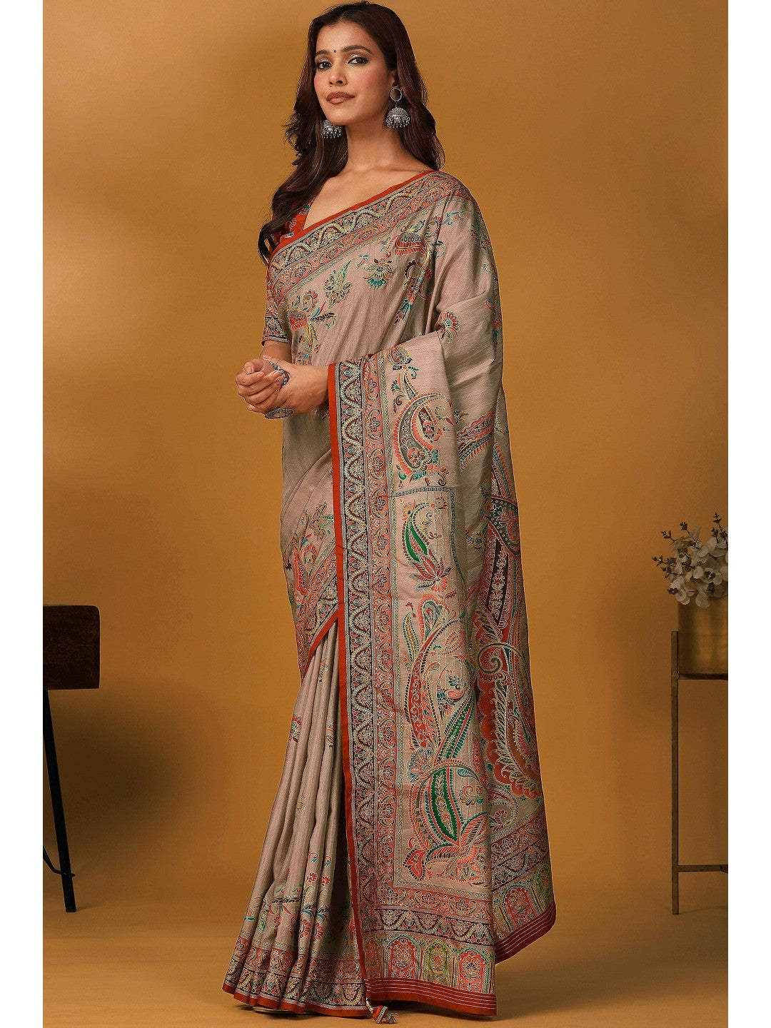 Refreshing Dove Taupe Floral & Paisley Position Printed Pure Viscose Dola Saree With Timeless Charm - Image 3