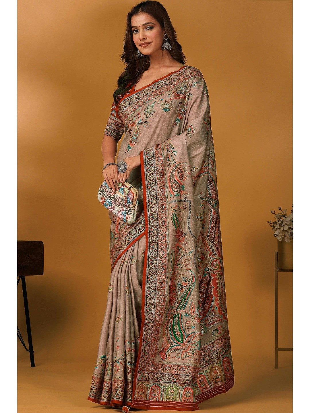 Refreshing Dove Taupe Floral & Paisley Position Printed Pure Viscose Dola Saree With Timeless Charm - Image 4