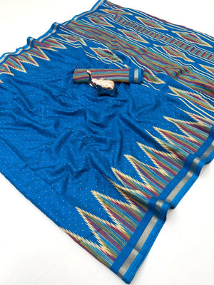Festive Wear Morpich Blue Geometric Printed Tussar Silk Saree with Artistic Pattern - Image 1