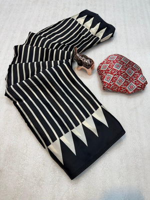 Black Striped Crepe Saree with Contrast Ajrakh Print Pallu and Elegant Traditional Finish - Image 2