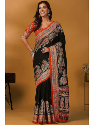 Elegant Black Pure Viscose Dola Saree Adorned With Floral & Paisley Position Prints - Image 1