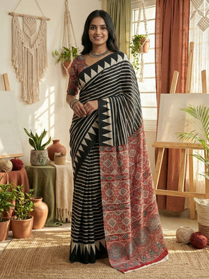 Black Striped Crepe Saree with Contrast Ajrakh Print Pallu and Elegant Traditional Finish - Image 1