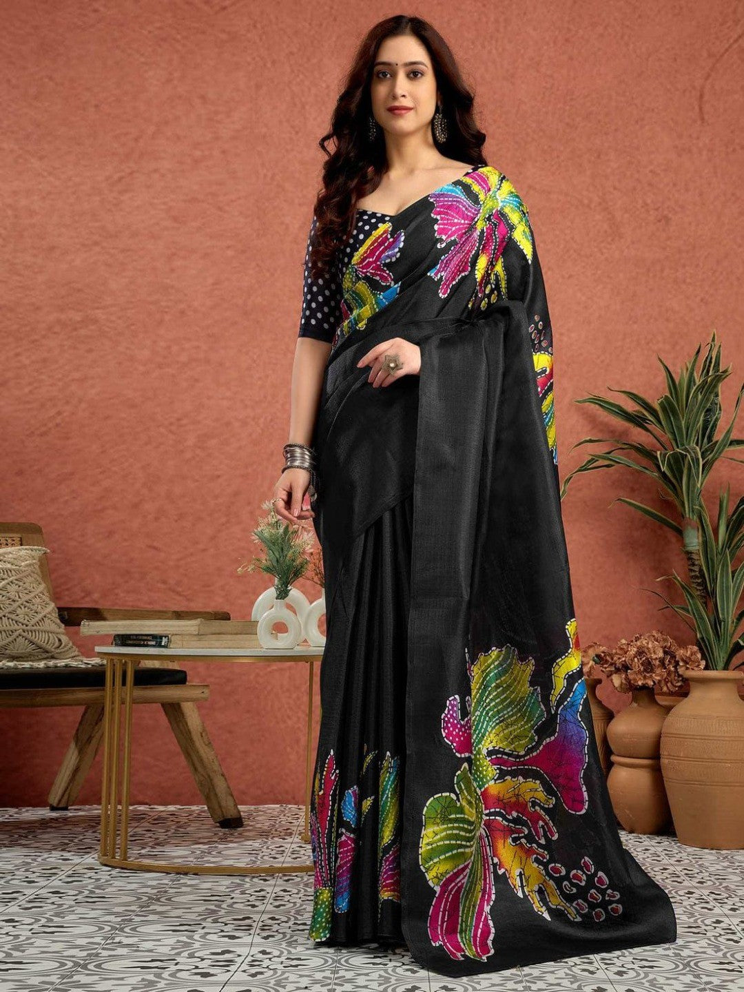 Black Floral Printed Crepe Saree with Feminine Design and Elegant Everyday to Casual Look - Image 1