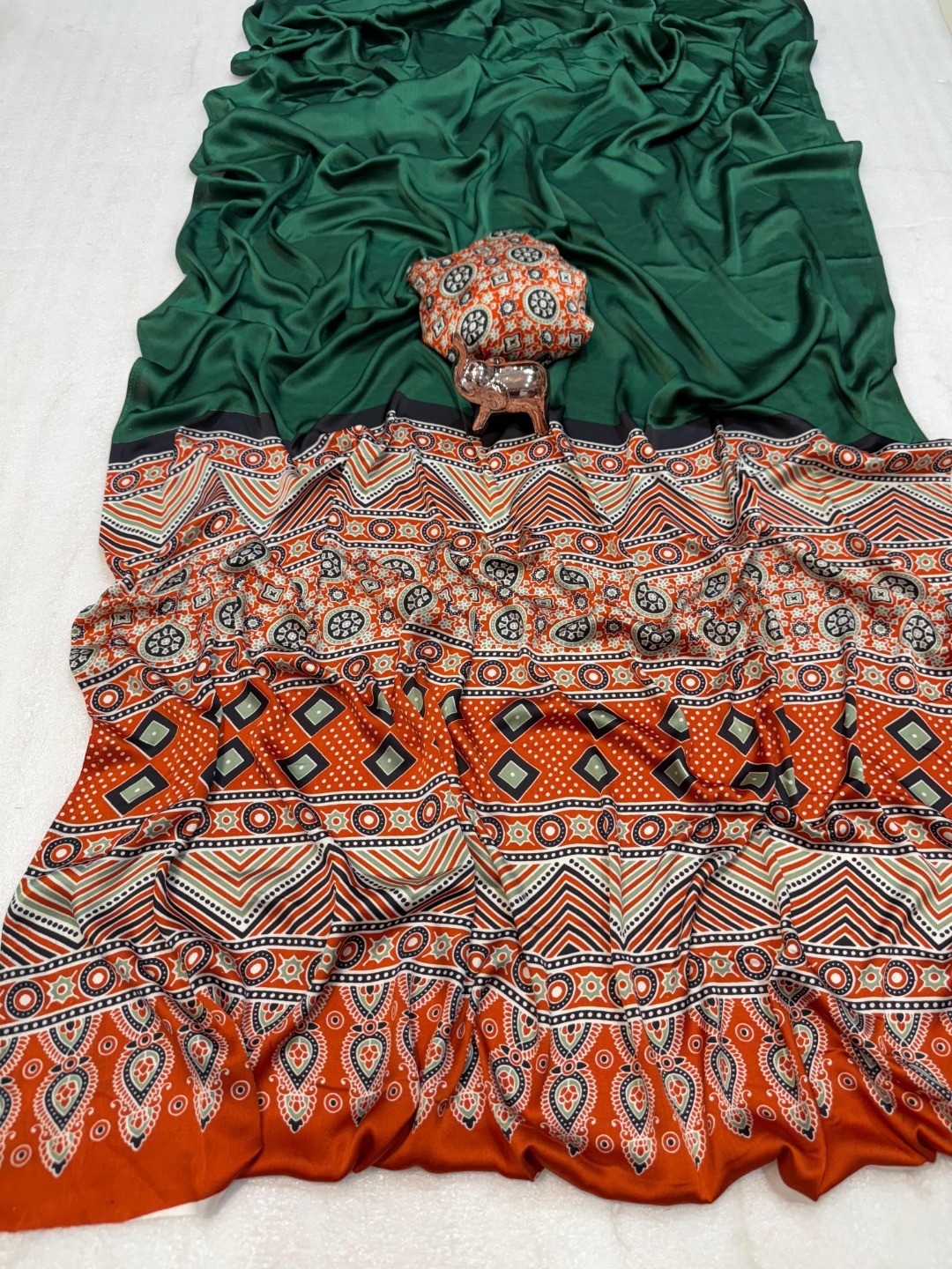 Green Crepe Saree with Heritage Inspired Ajrakh Pallu and Smooth Silky Texture Finish - Image 2