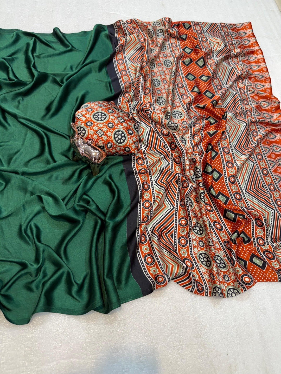Green Crepe Saree with Heritage Inspired Ajrakh Pallu and Smooth Silky Texture Finish - Image 3