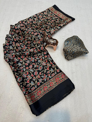 Black Floral Printed Crepe Saree with Detailed Ajrakh Pallu and Timeless Traditional Look - Image 2