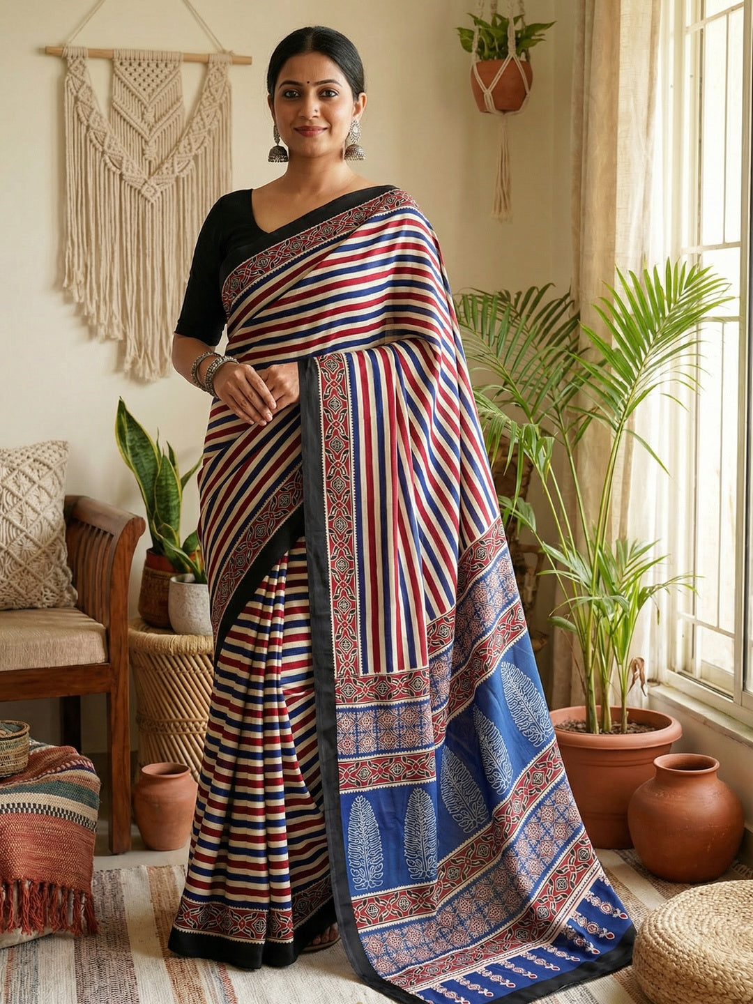 Black Striped Printed Crepe Saree with Detailed Ajrakh Pallu and Timeless Traditional Look - Image 1