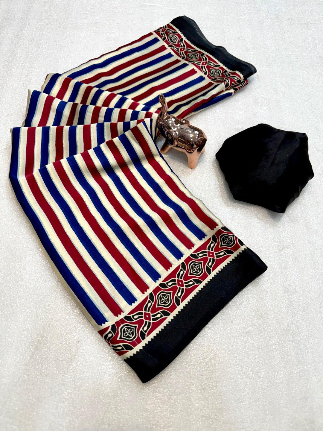 Black Striped Printed Crepe Saree with Detailed Ajrakh Pallu and Timeless Traditional Look - Image 2